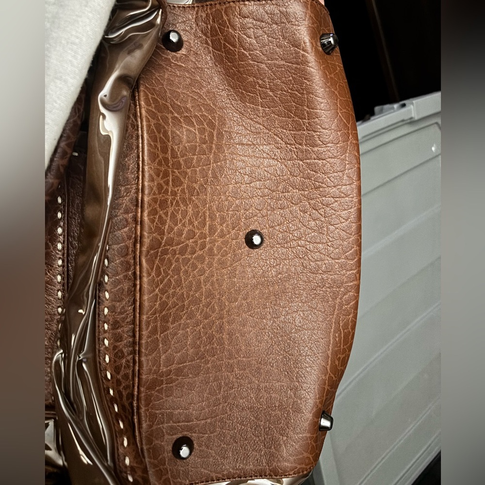 Vintage Moschino Brown Leather Women’s Clear Accent Satchel Shoulder Bag - Picture 7 of 9